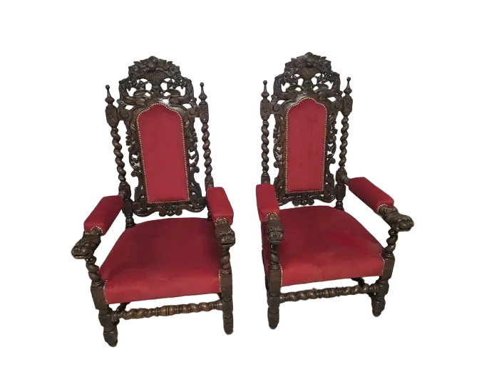Zdjęcie Dwa Fotele Neorenesansowe. ok 1880r po renowacji | Rzeźbione, Czerwony Aksamit 3