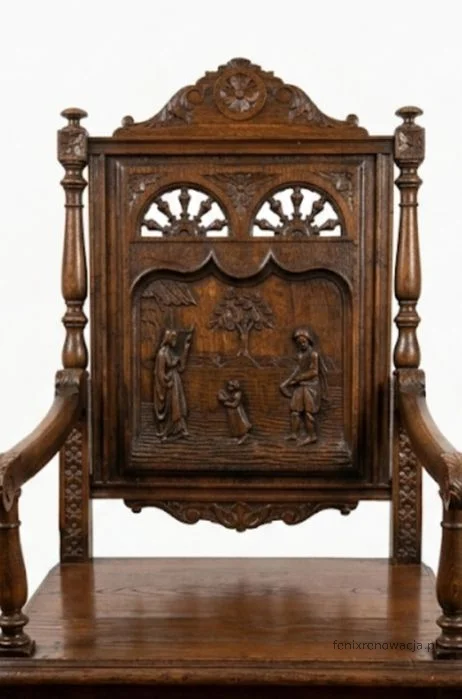 Fotel Bretoński Rzeźbiony. ok 1910r po renowacji | Dąb, Motywy Figuralne - zdjęcie 4