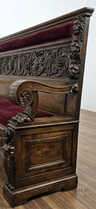 Ława Neorenesansowa ze Skrzynią. ok 1880r po renowacji | Drewno, Czerwony Welur - zdjęcie 4