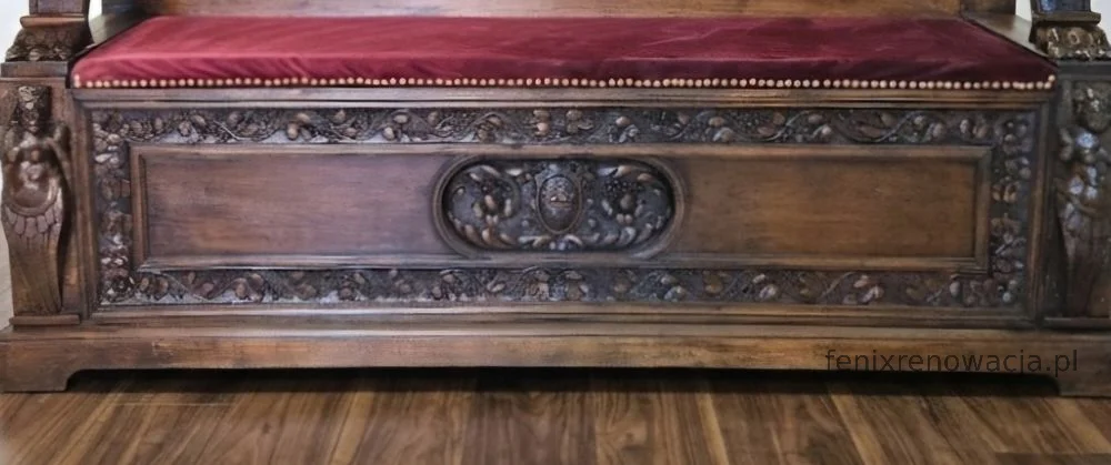 Ława Neorenesansowa ze Skrzynią. ok 1880r po renowacji | Drewno, Czerwony Welur - zdjęcie 9
