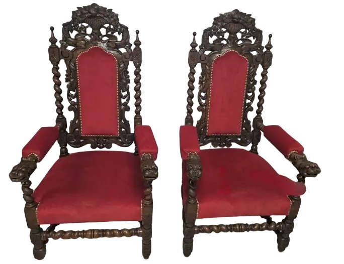 Zdjęcie Dwa Fotele Neorenesansowe. ok 1880r po renowacji | Rzeźbione, Czerwony Aksamit 2