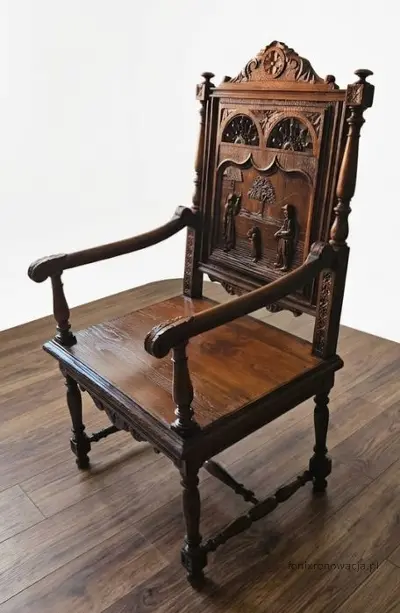 Miniaturka 2 - Fotel Bretoński Rzeźbiony. ok 1910r po renowacji | Dąb, Motywy Figuralne
