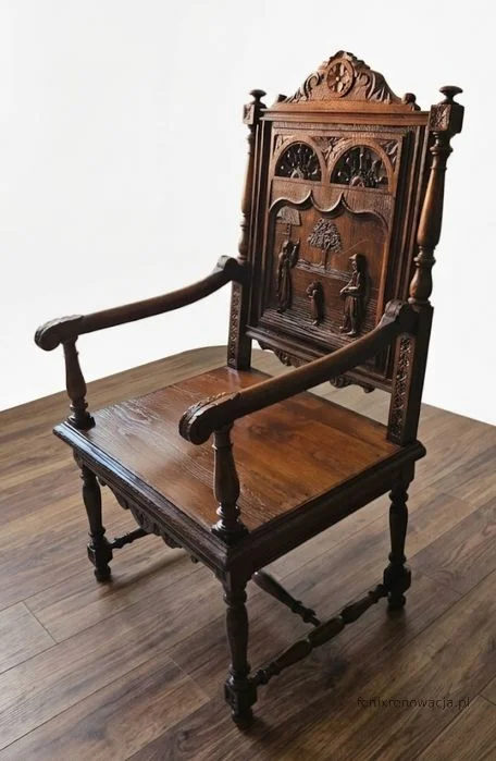 Fotel Bretoński Rzeźbiony. ok 1910r po renowacji | Dąb, Motywy Figuralne - zdjęcie 2