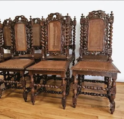 Miniaturka 3 - Zestaw 8 Krzeseł Neorenesansowych Rattan. ok 1925r po renowacji | Dąb, Rattan