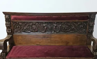 Miniaturka 8 - Ława Neorenesansowa ze Skrzynią. ok 1880r po renowacji | Drewno, Czerwony Welur