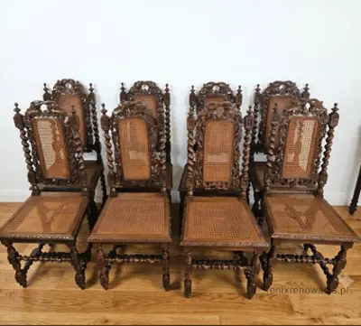 Miniaturka 1 - Zestaw 8 Krzeseł Neorenesansowych Rattan. ok 1925r po renowacji | Dąb, Rattan