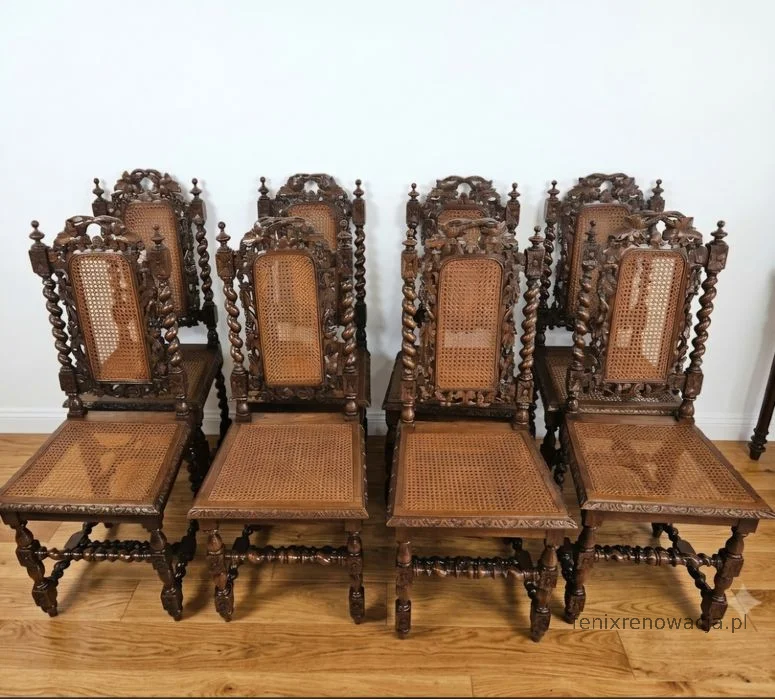 Zestaw 8 Krzeseł Neorenesansowych Rattan. ok 1925r po renowacji | Dąb, Rattan