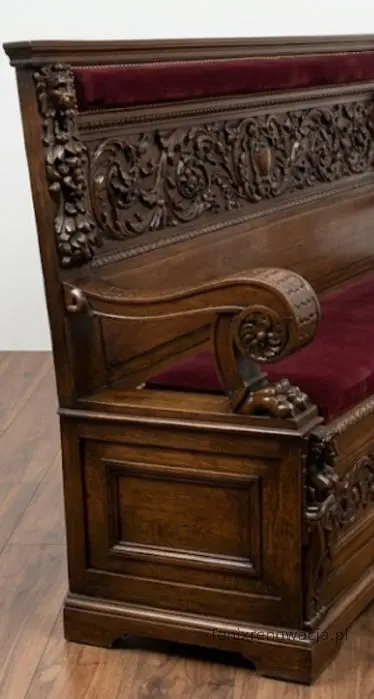 Miniaturka 3 - Ława Neorenesansowa ze Skrzynią. ok 1880r po renowacji | Drewno, Czerwony Welur
