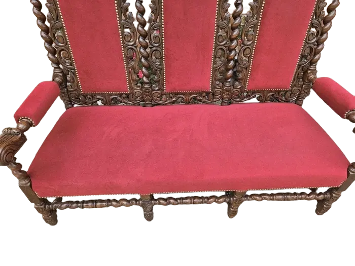 Zdjęcie Kanapa neorenesansowa po renowacji | Rzeźbiona, Czerwony Welur 7