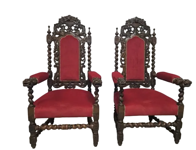 Dwa Fotele Neorenesansowe. ok 1880r po renowacji | Rzeźbione, Czerwony Aksamit