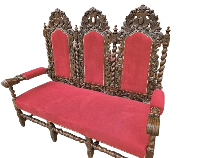 Zdjęcie Kanapa neorenesansowa po renowacji | Rzeźbiona, Czerwony Welur 4