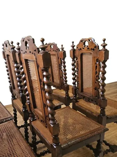 Miniaturka 4 - Zestaw 8 Krzeseł Neorenesansowych Rattan. ok 1925r po renowacji | Dąb, Rattan