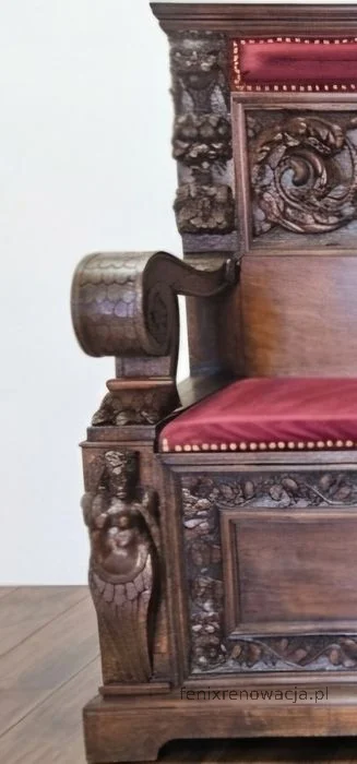 Ława Neorenesansowa ze Skrzynią. ok 1880r po renowacji | Drewno, Czerwony Welur - zdjęcie 5