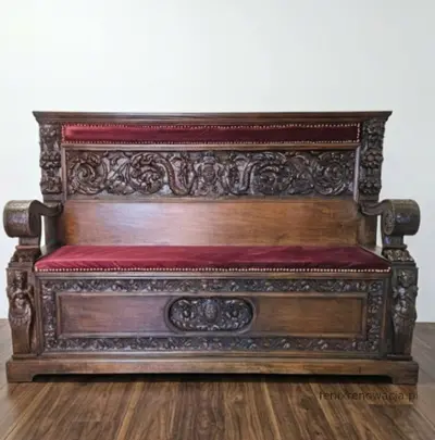 Miniaturka 1 - Ława Neorenesansowa ze Skrzynią. ok 1880r po renowacji | Drewno, Czerwony Welur
