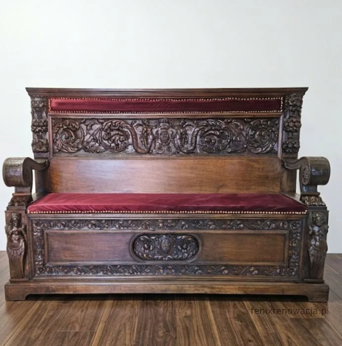 Ława Neorenesansowa ze Skrzynią. ok 1880r po renowacji | Drewno, Czerwony Welur