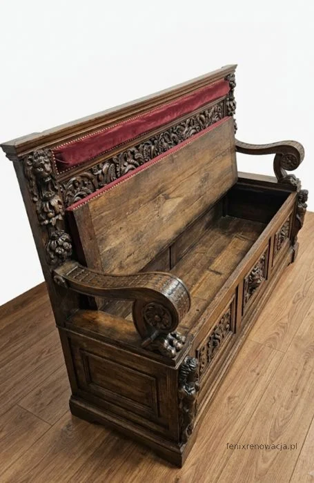 Ława Neorenesansowa ze Skrzynią. ok 1880r po renowacji | Drewno, Czerwony Welur - zdjęcie 7