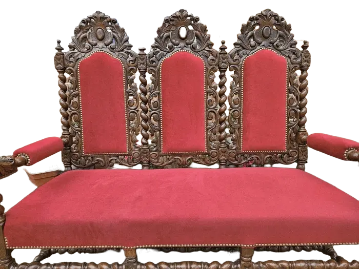 Zdjęcie Kanapa neorenesansowa po renowacji | Rzeźbiona, Czerwony Welur 6