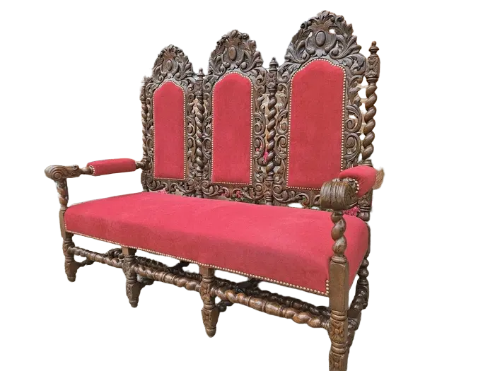 Kanapa neorenesansowa po renowacji | Rzeźbiona, Czerwony Welur